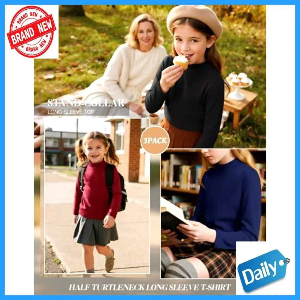 Girls' Mock Turtleneck Long Sleeve Tees 3 Pack Warm Slim Fit Basic Layer